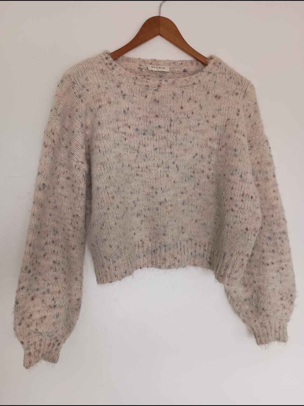 Storia Cream Speckled Balloon Sleeve Crewneck Sweater